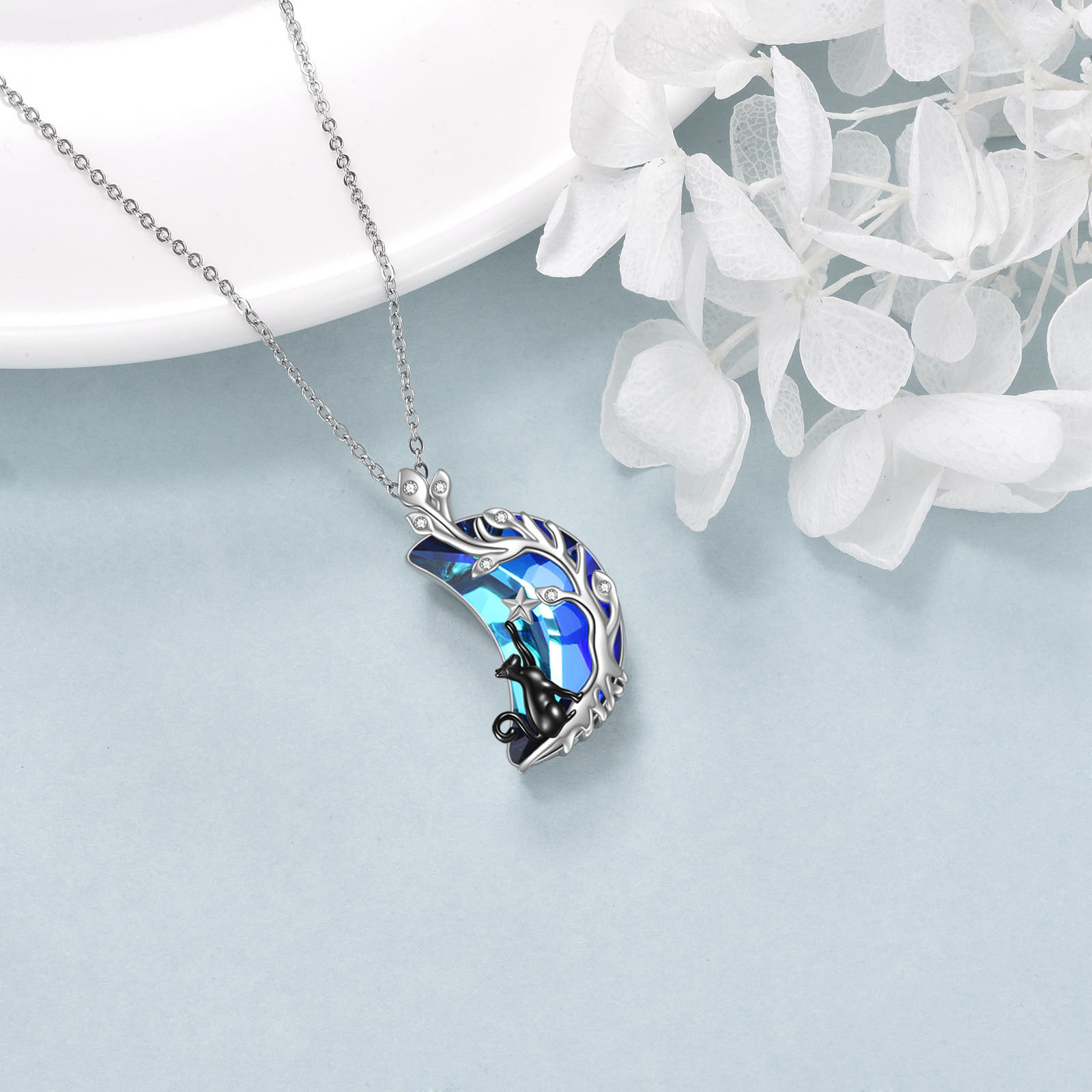 Women's Cat Necklace with Blue Crystal Moon Pendant, Gift
